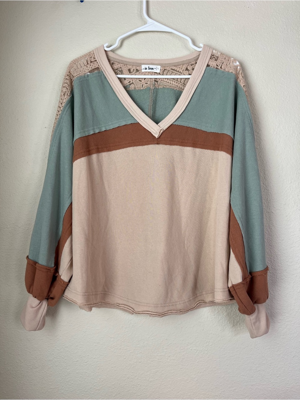 In Loom L 100% Cotton Boho Lace Colorblock V-Neck Top Cottagecore Western